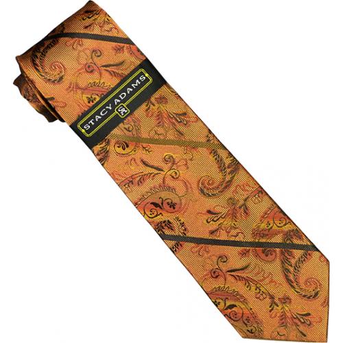 Stacy Adams Collection SA102 Copper / Black Diagonal Paisley Design 100% Woven Silk Necktie/Hanky Set